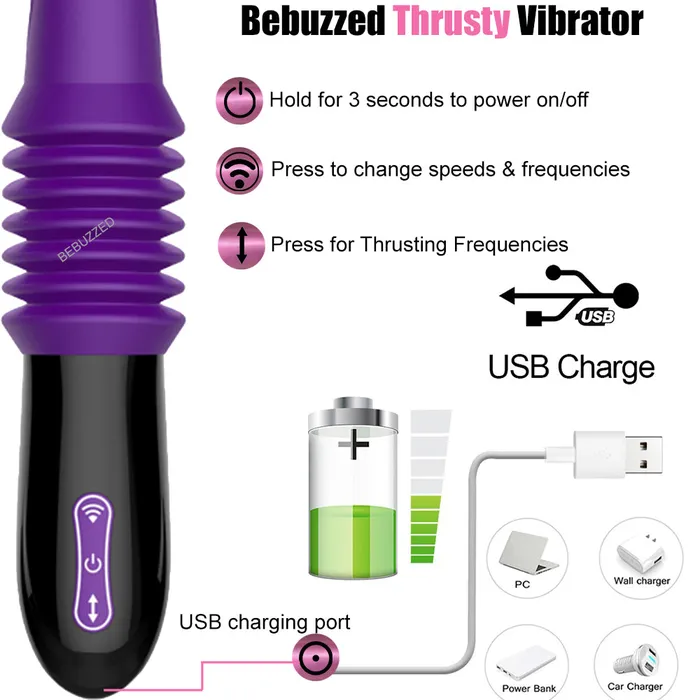 Bebuzzed 115 Thrusting Rotating USB Rechargeable Vibrator Purple BeBuZZed Vibrators