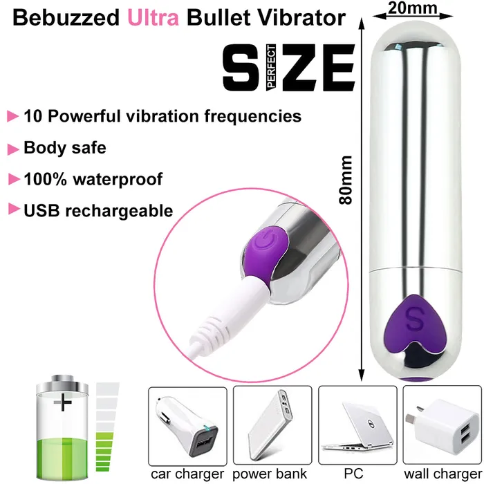 BeBuZZed Vibrators Bebuzzed Ultra Bullet Powerful Vibrator USB SilverPurple
