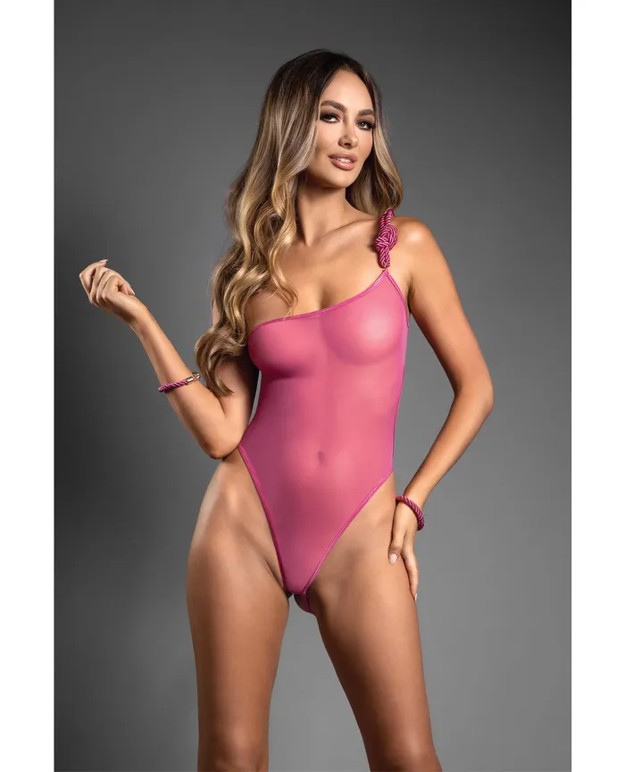 Fantasy Lingerie Domina OneShoulder Sheer Teddy Rope Cuffs Pink LXL Vibrators