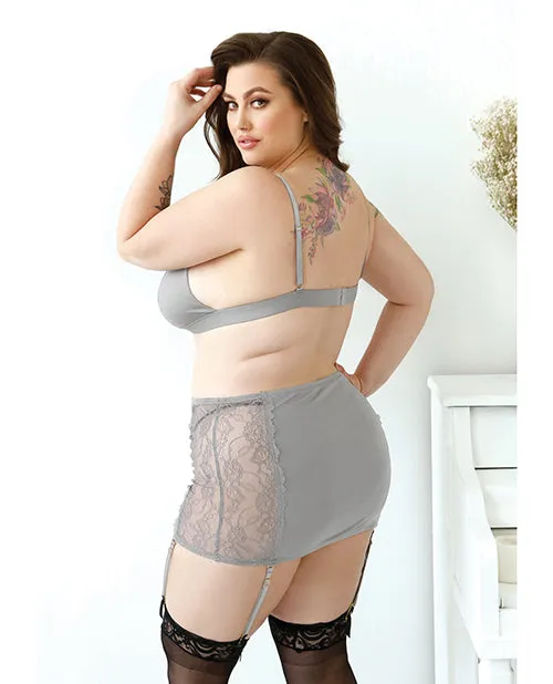Fantasy Lingerie Plus Size Plus Size Layne Gray Lace Bralette Garter Skirt Set 3X4X