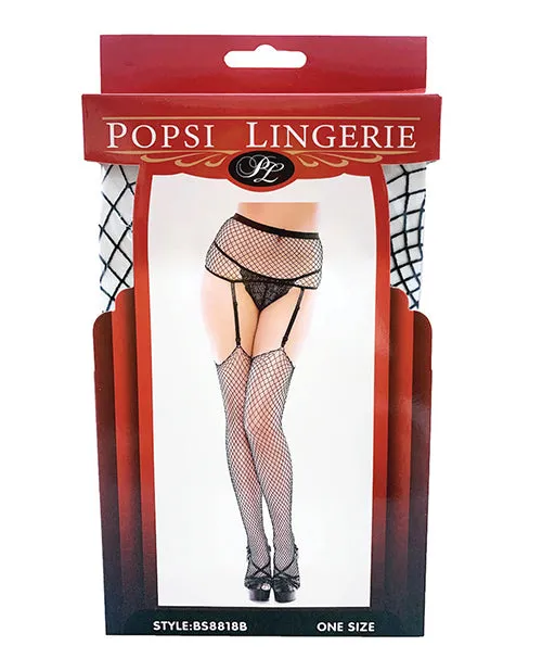 Popsi Lingerie Black Fishnet Garter Thigh High Pantyhose OS Anal
