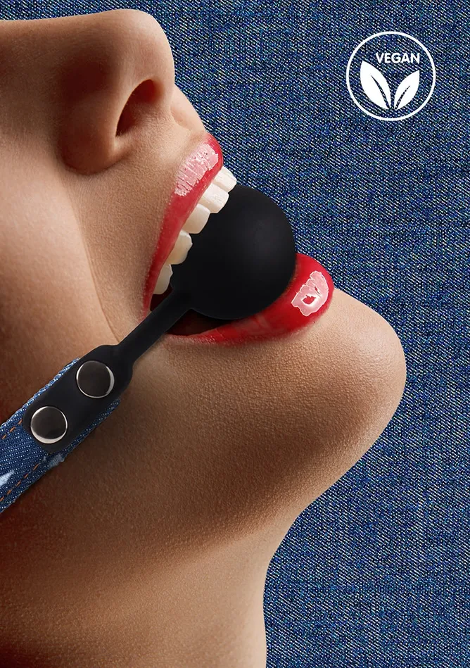 Silicone Ball Gag With Roughend Denim Straps Blue Shots America Male Sex Toys