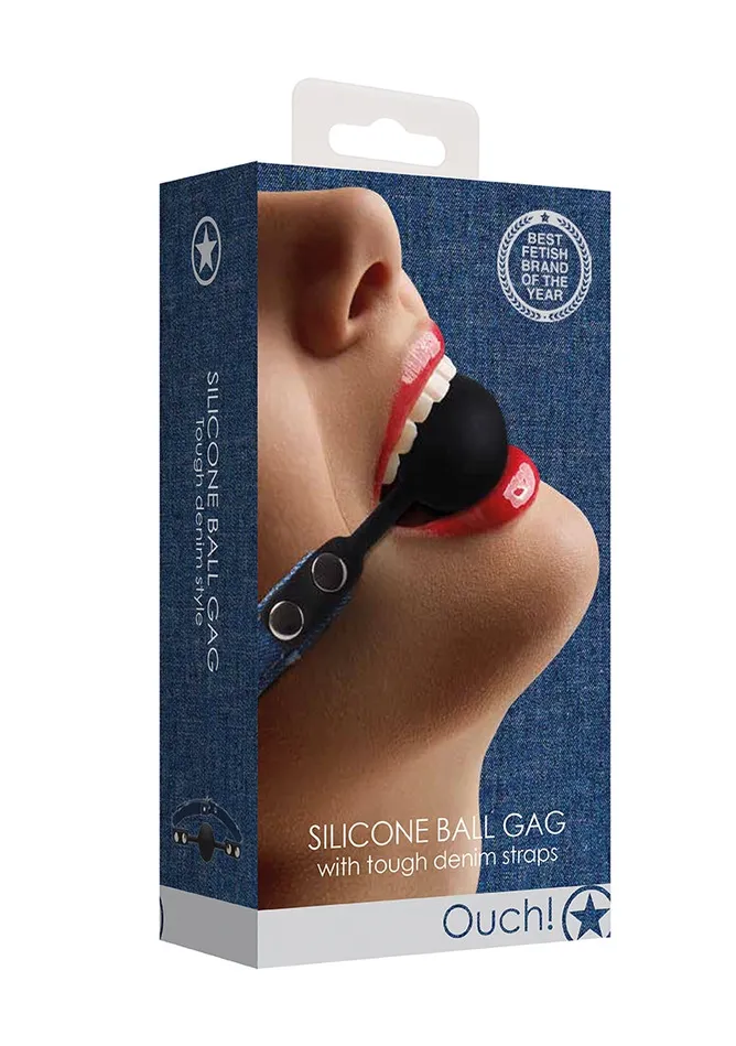 Silicone Ball Gag With Roughend Denim Straps Blue Shots America Male Sex Toys